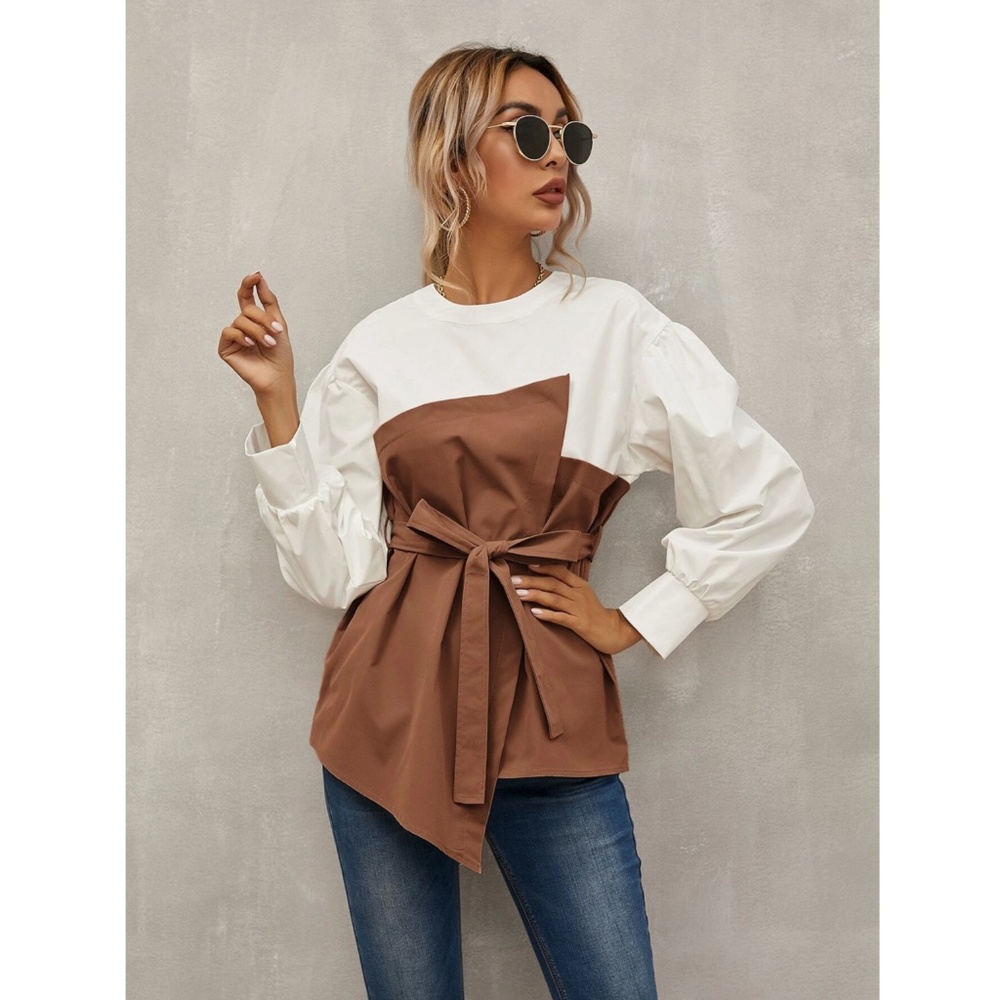 Layered Faux Belted Corset White Shirt Brown Detail Long Bishop Sleeves - Picture 2 of 8